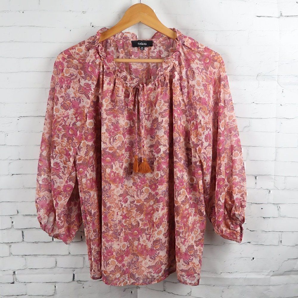 AAKAA PINK FLORAL LONG SLEEVE SEMI SHEER ROUND NECK BLOUSE SIZE MEDIUM